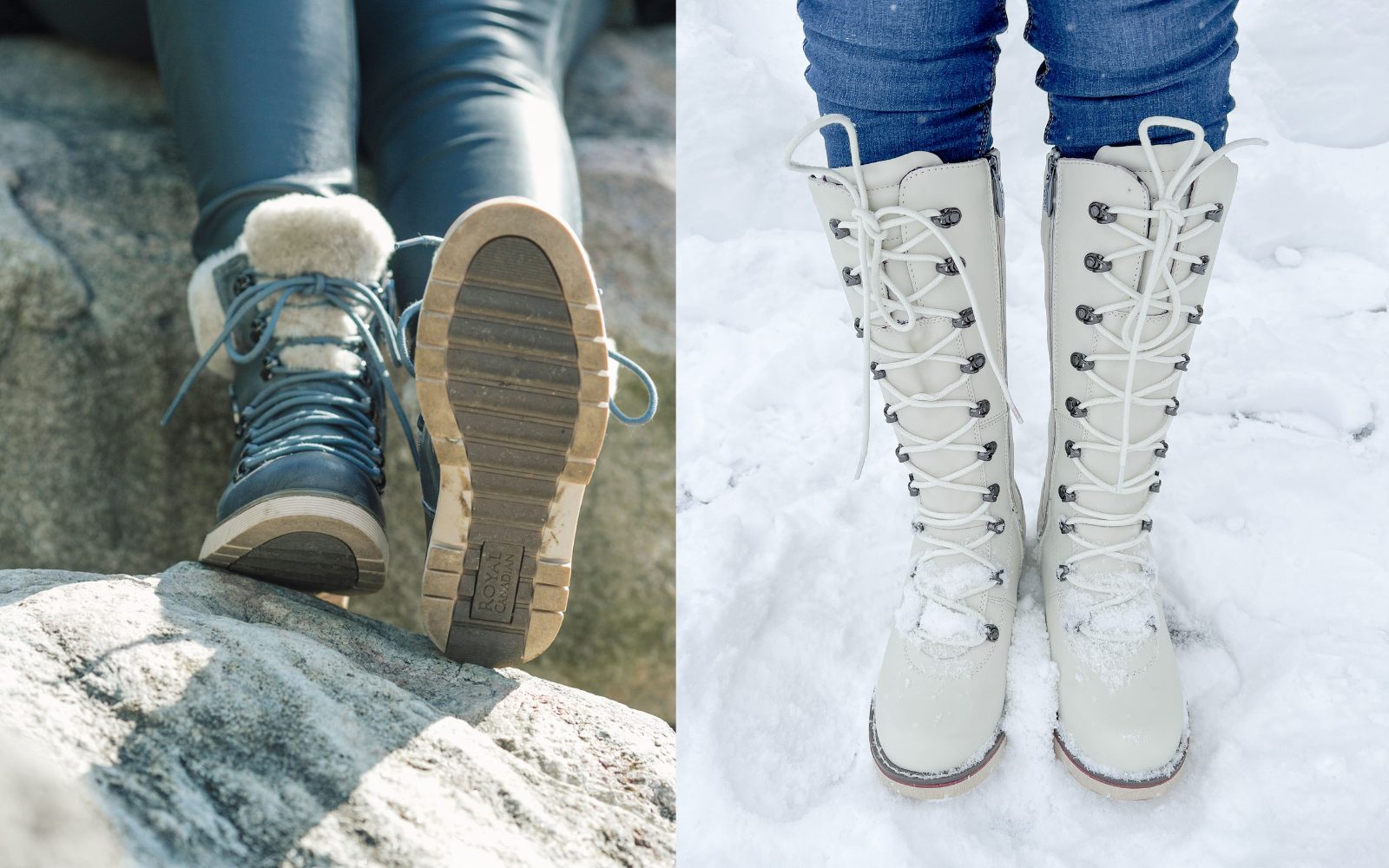 The image is divided into two halves vertically. The left side represents Waterproof boots and the right side represents Water-resistant boots. Striding Forward with the Right Protection.