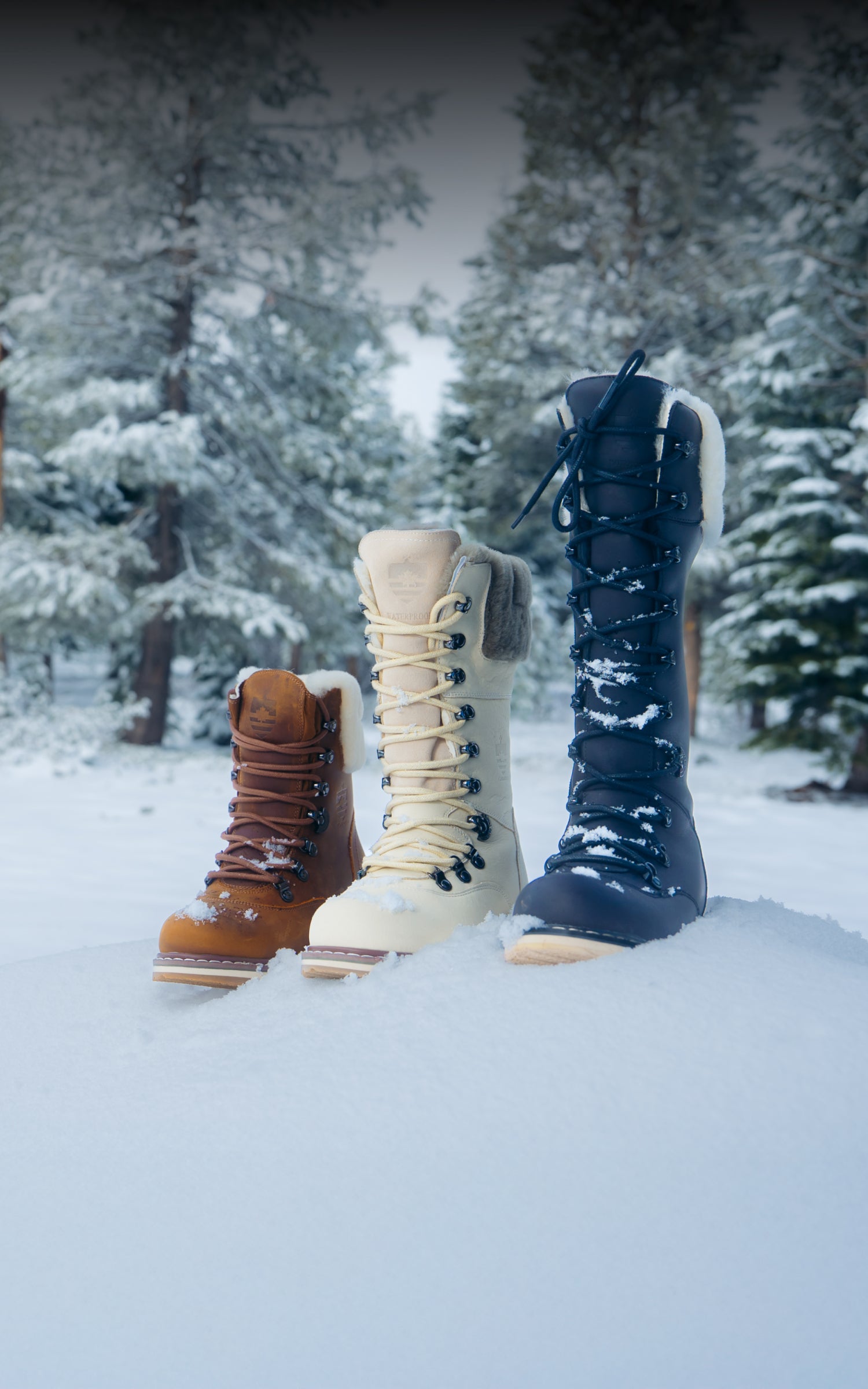 Three pairs of winter boots in different colors standing in the snow with a forest background.