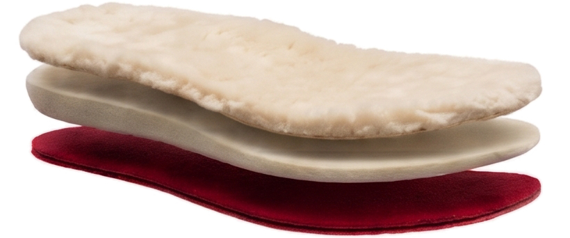 Exploded view of the removable insole: merino wool top, memory foam and a cushioned base layer