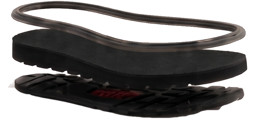 Exploded view of the sole: protective welt trim, lightweight Phylon midsole and Razor Lug rubber outsole
