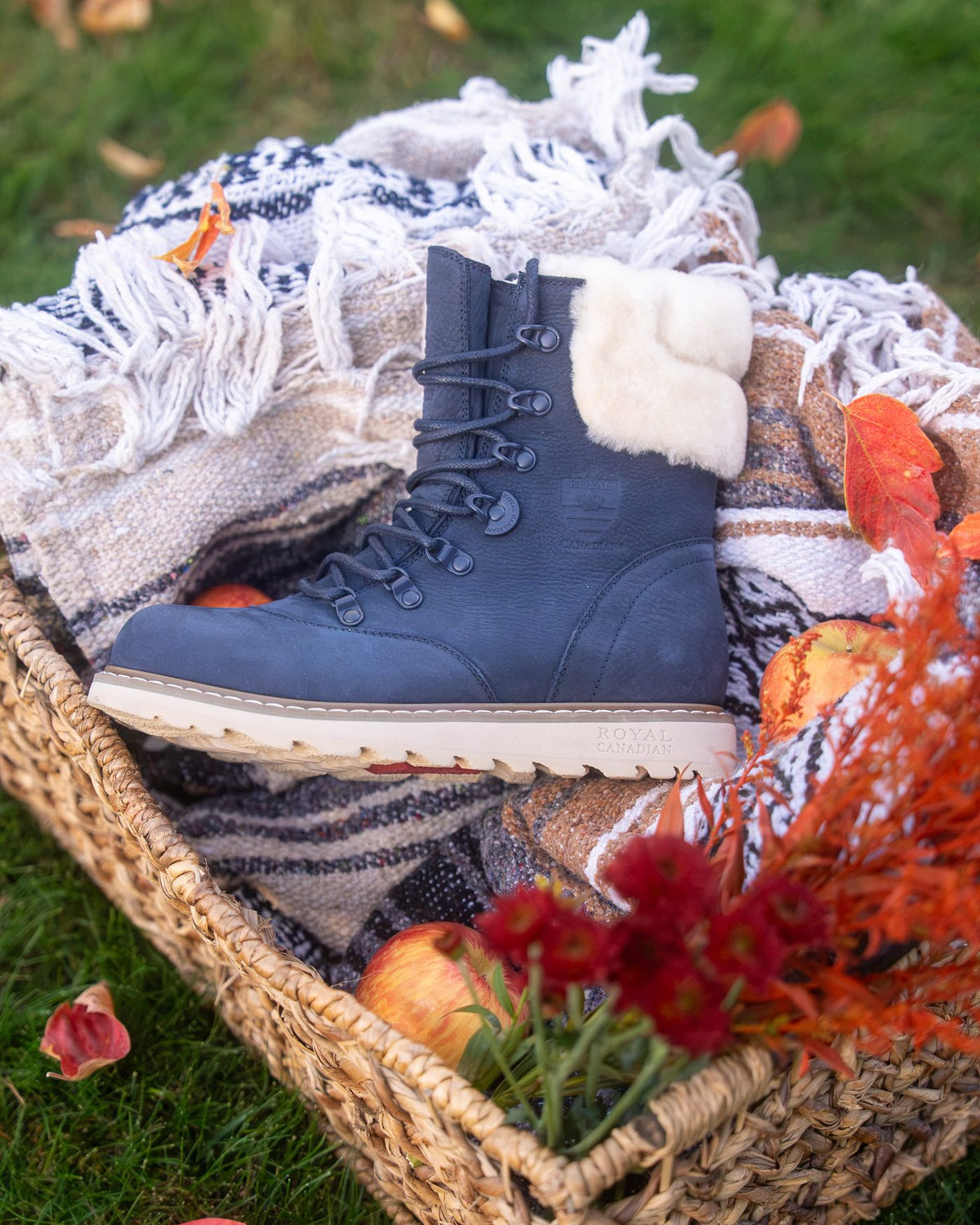 CAMBRIDGE in Denim Blue in a picnic basket of fall leaves