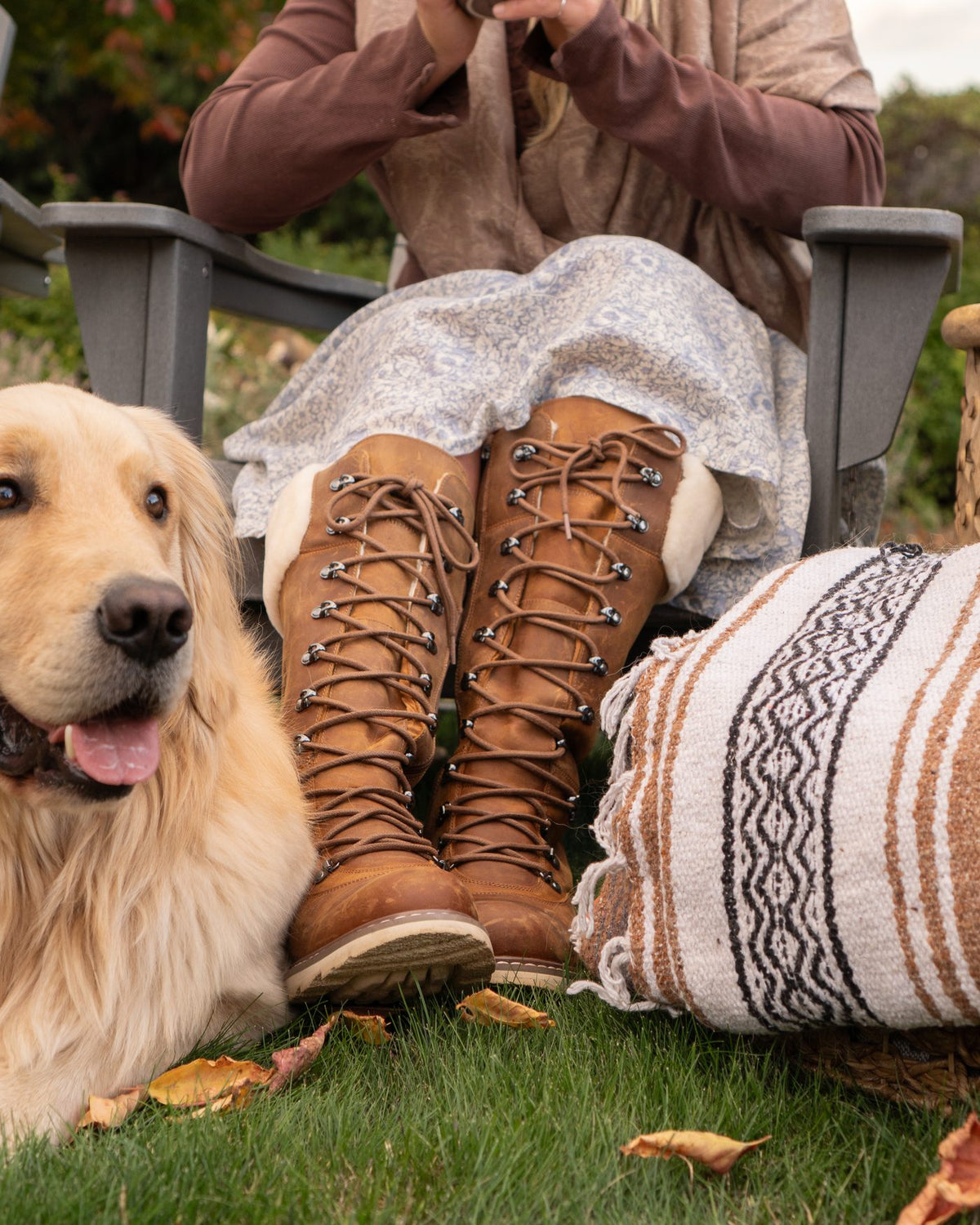 DALHOUSIE in Sunset Wheat at a fall picnic with a golden retriever