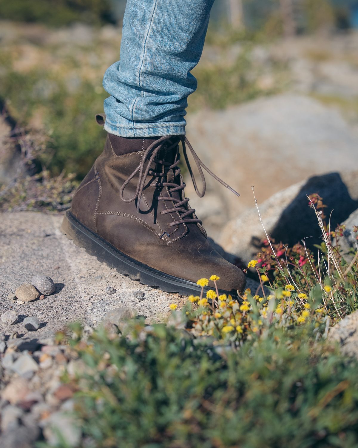 REGENT boot on a rocky trail with wildflowers